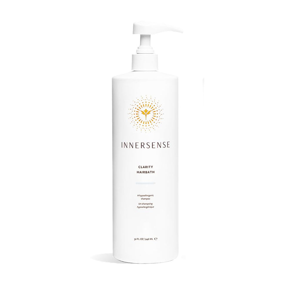 INNERSENSE Natural Clarity Hairbath bottle showing fragrance-free, hypoallergenic cleansing for sensitive scalps.