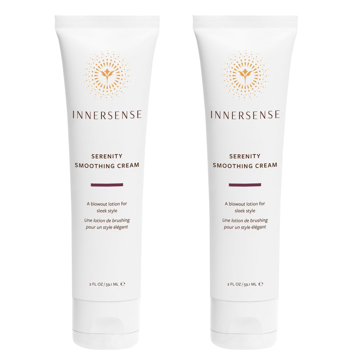 INNERSENSE Natural Serenity smoothing hair cream bottle demonstrating sleek styling