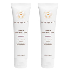 INNERSENSE Natural Serenity smoothing hair cream bottle demonstrating sleek styling