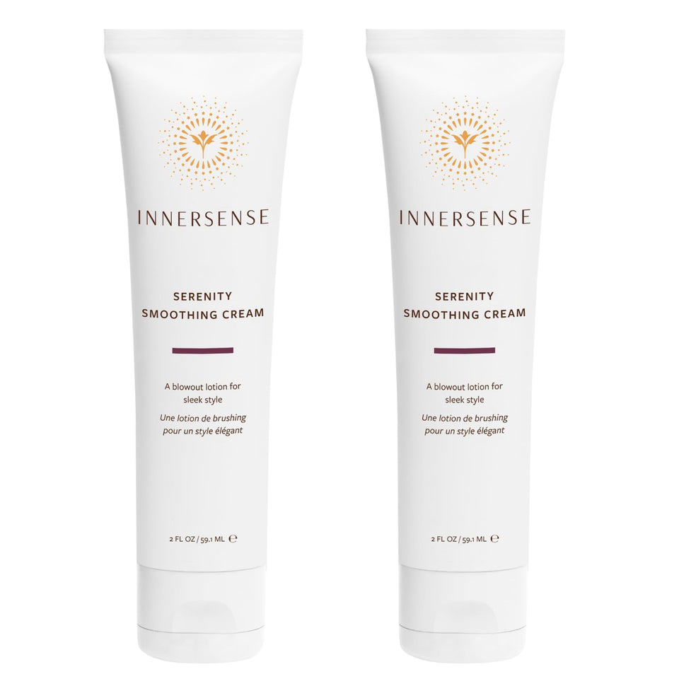 INNERSENSE Natural Serenity smoothing hair cream bottle demonstrating sleek styling
