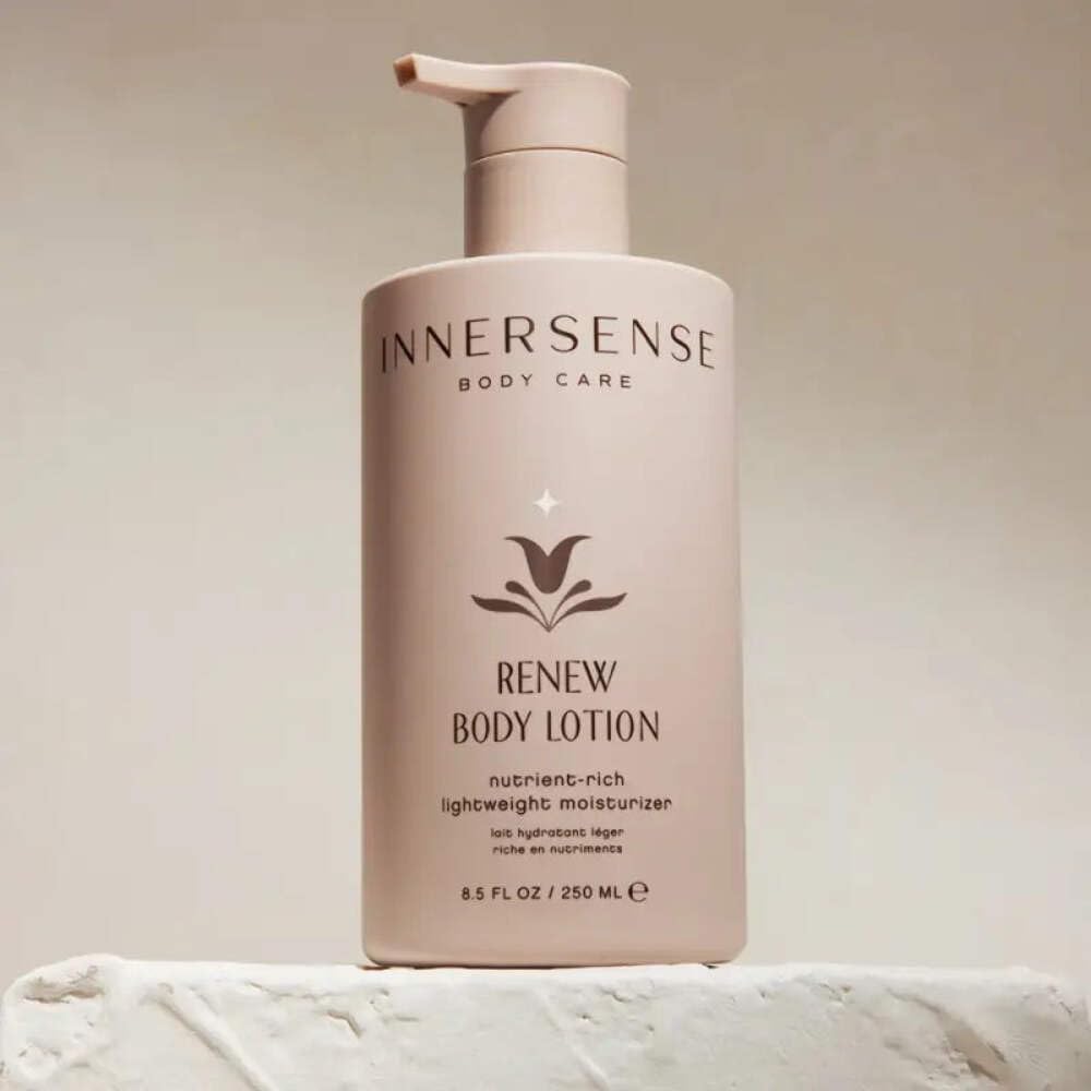 INNERSENSE Renew Body Lotion ingredients graphic featuring vitamins and kokum butter