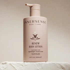 INNERSENSE Renew Body Lotion ingredients graphic featuring vitamins and kokum butter
