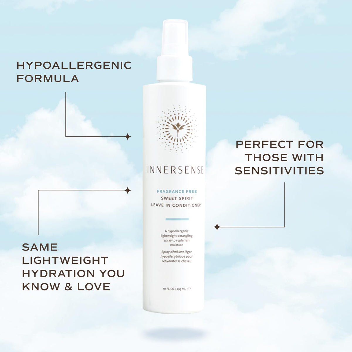 Close up of INNERSENSE Sweet Spirit Leave-In ingredients emphasizing clean nourishment.