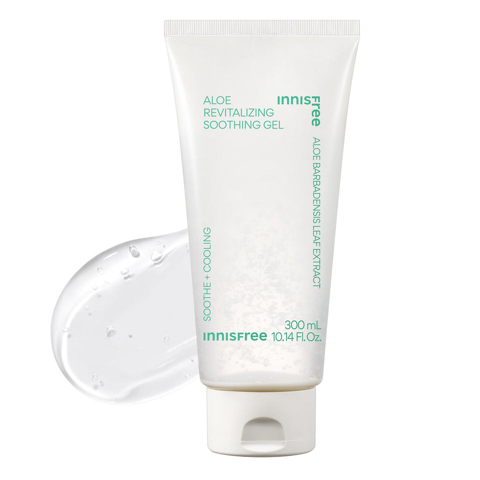 Innisfree Aloe Vitalizing Gel jar closeup for cooling hydration after sun exposure.