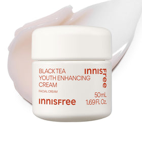 Innisfree Black Tea Youth Cream bottle close-up for hydration and radiance.