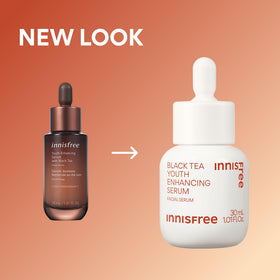 Fingertips applying 2-3 drops of Innisfree Black Tea Youth Serum on the face.