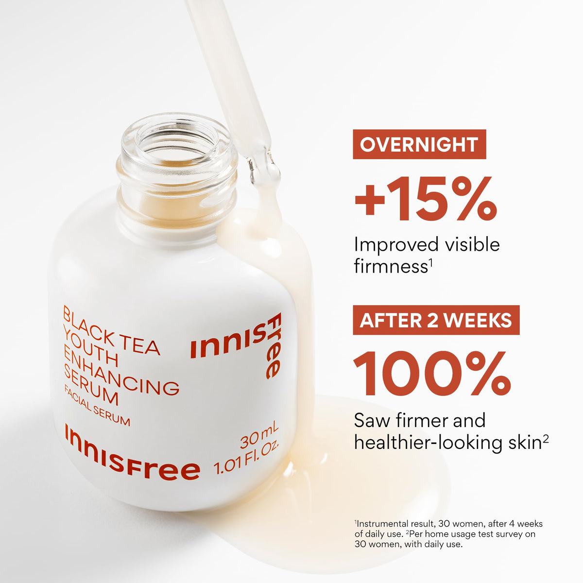 Innisfree Black Tea Youth Serum dropper applying a tiny amount for hydration.