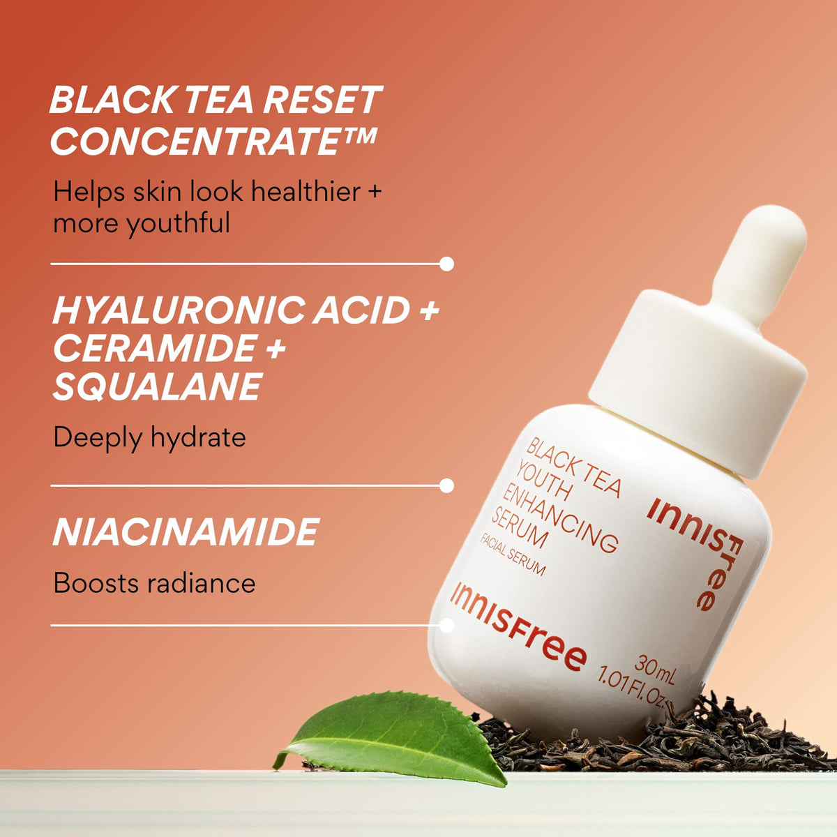 Close-up of Innisfree Black Tea Youth Serum texture, silky and quickly absorbed.