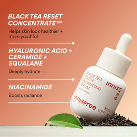 Close-up of Innisfree Black Tea Youth Serum texture, silky and quickly absorbed.