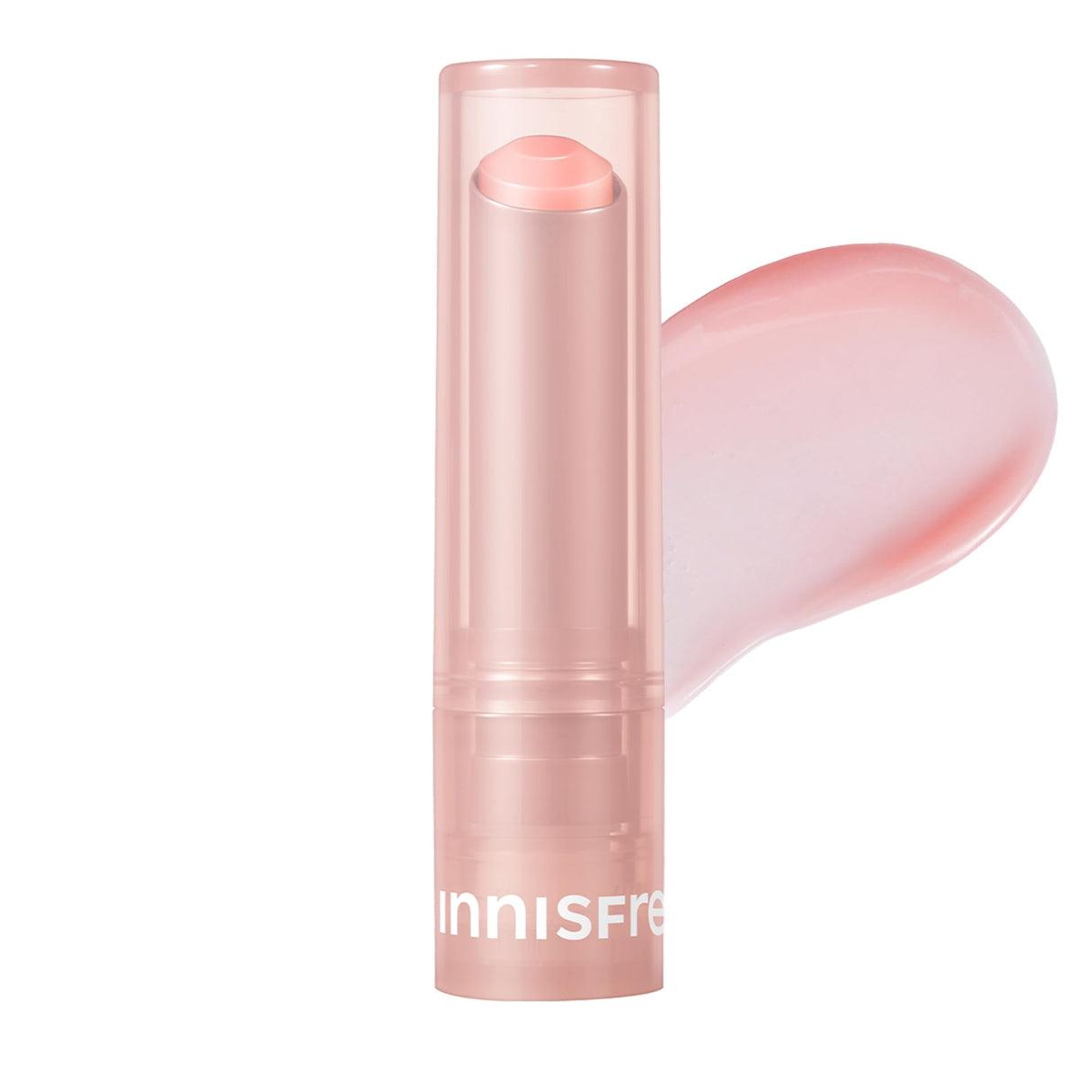 innisfree Dewy Tint Lip Balm Baby Pink on lips shows natural, hydrated glow