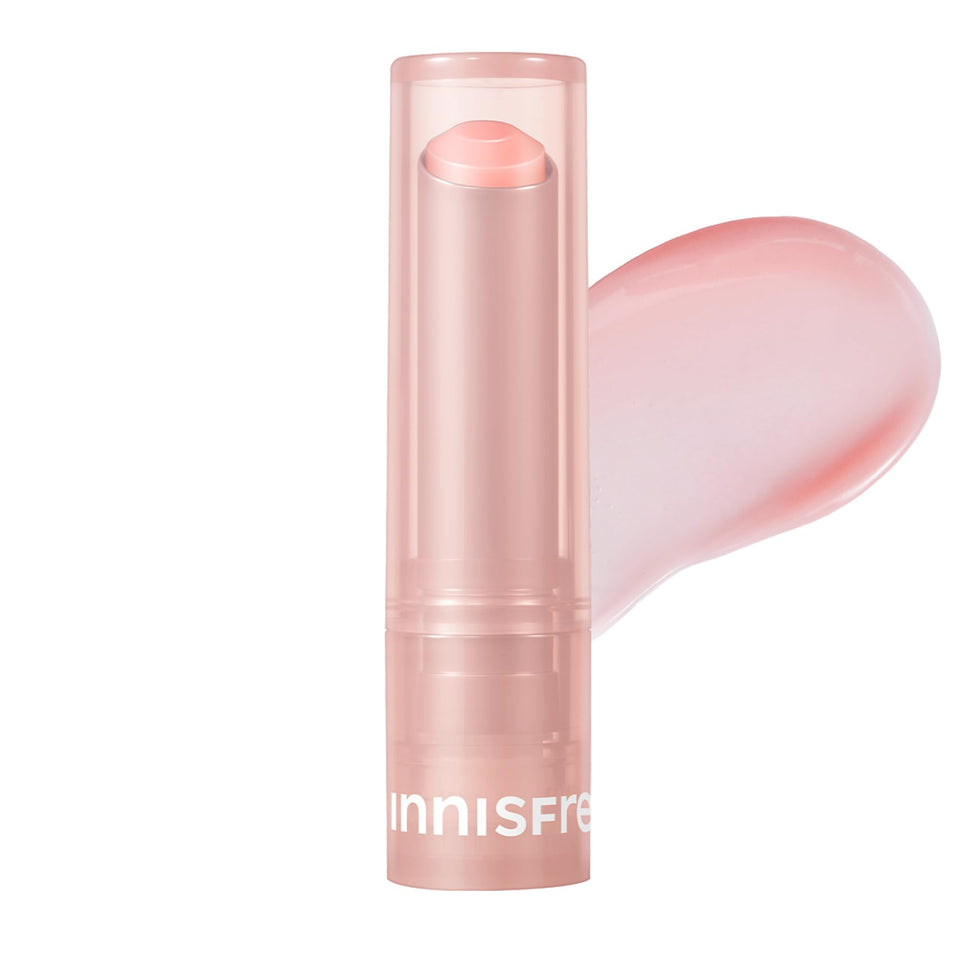 innisfree Dewy Tint Lip Balm Baby Pink on lips shows natural, hydrated glow