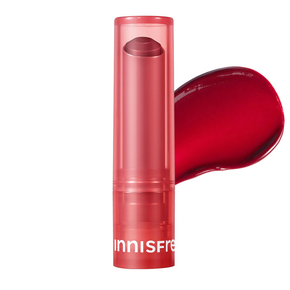 Innisfree Power Cherry lip balm on lips with hydrating, dewy finish