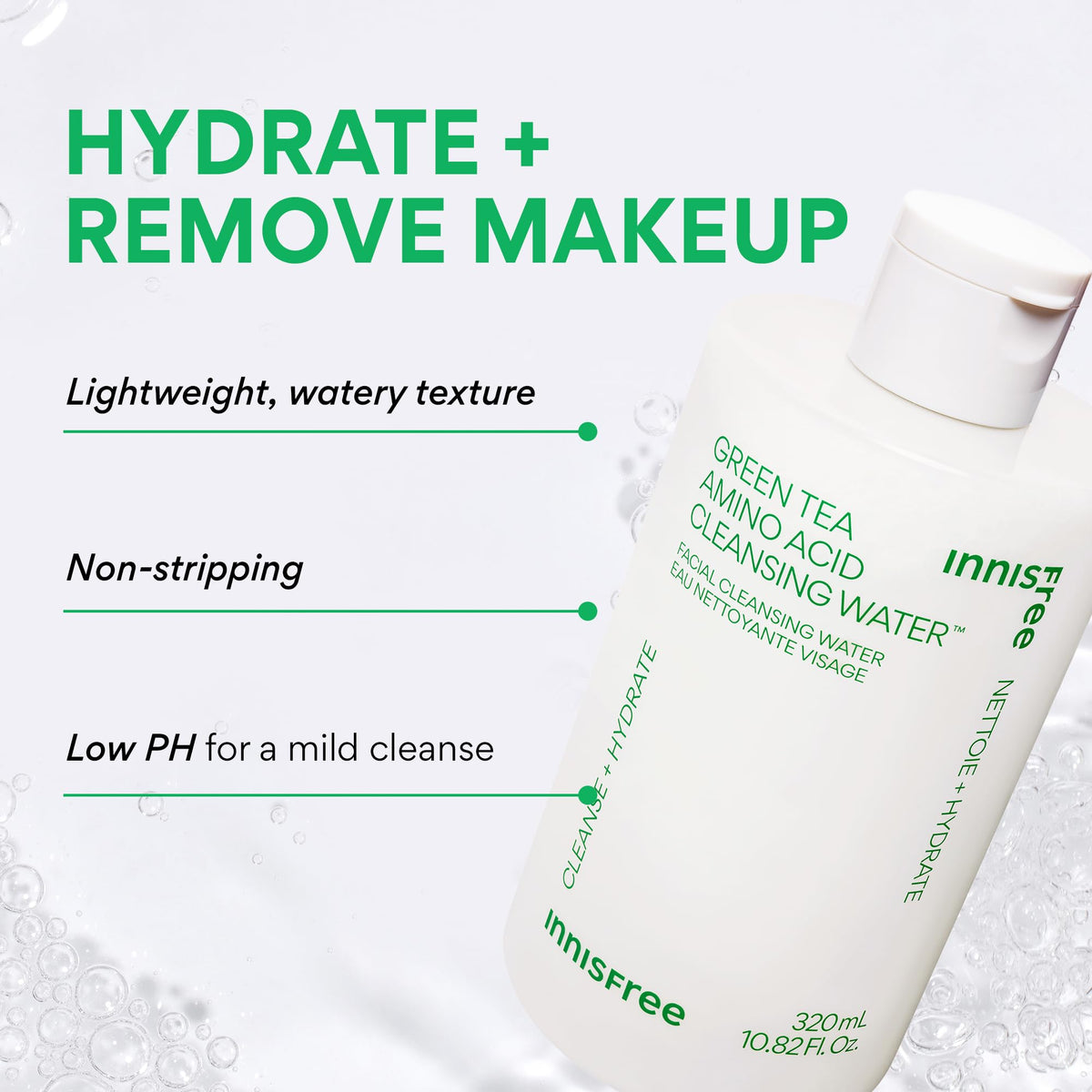 Innisfree Green Tea Amino Acid Cleansing Water bottle close-up showing hydrating micellar cleansing