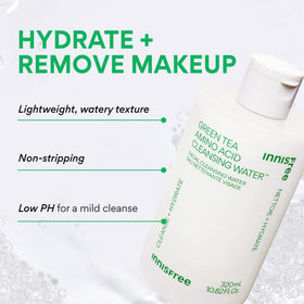 Innisfree Green Tea Amino Acid Cleansing Water bottle close-up showing hydrating micellar cleansing