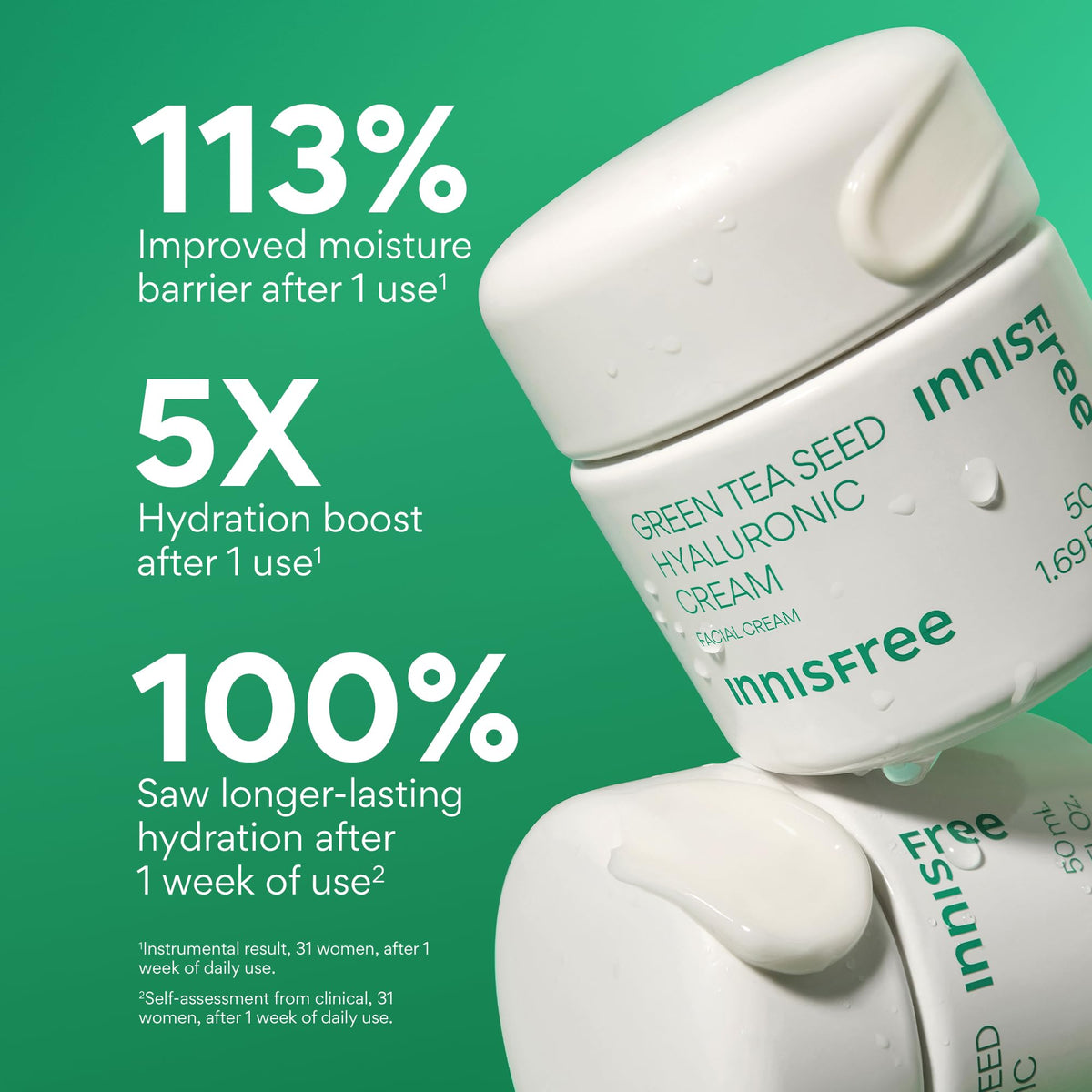 innisfree green tea seed hyaluronic cream tube highlighting hydrating texture