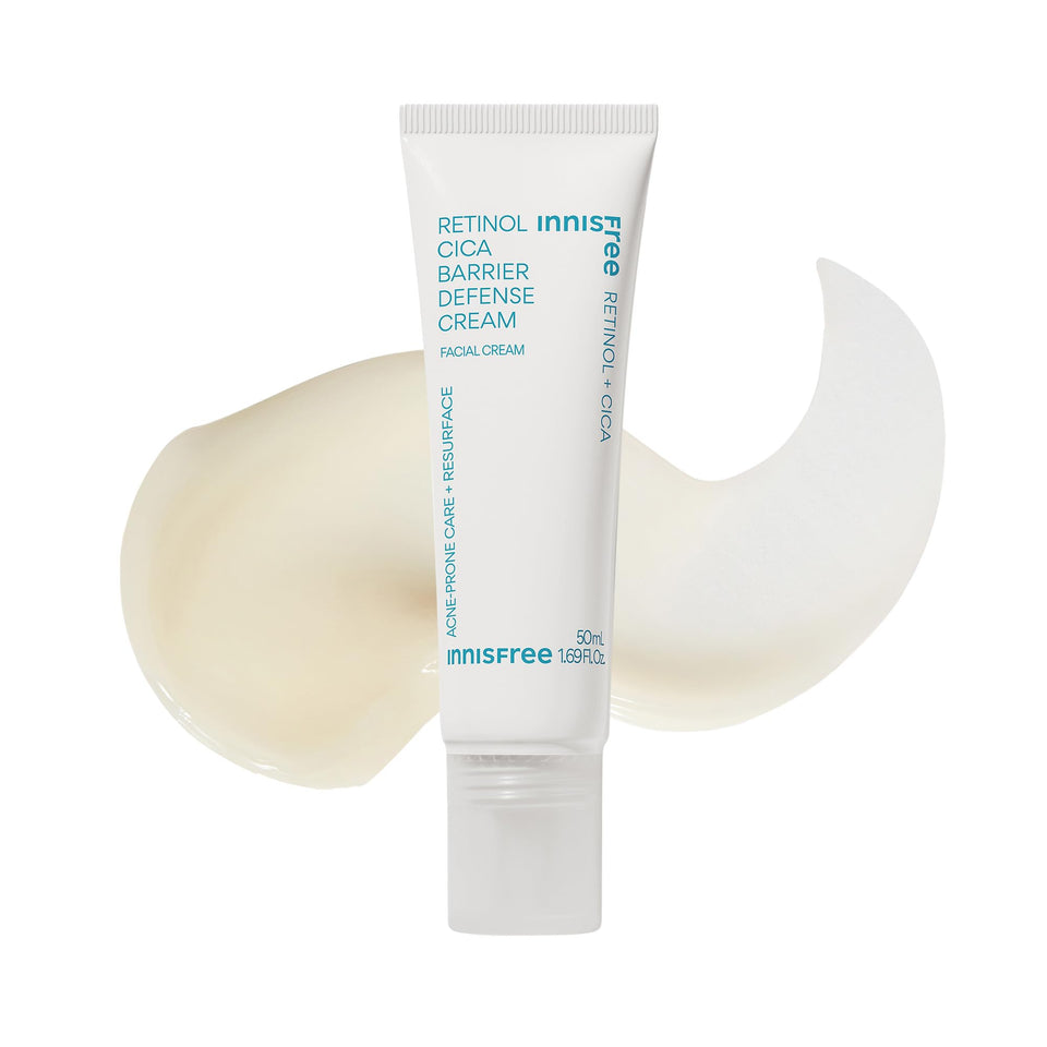 Innisfree Retinol Cica Barrier Cream jar close-up showing soothing hydration and barrier support.