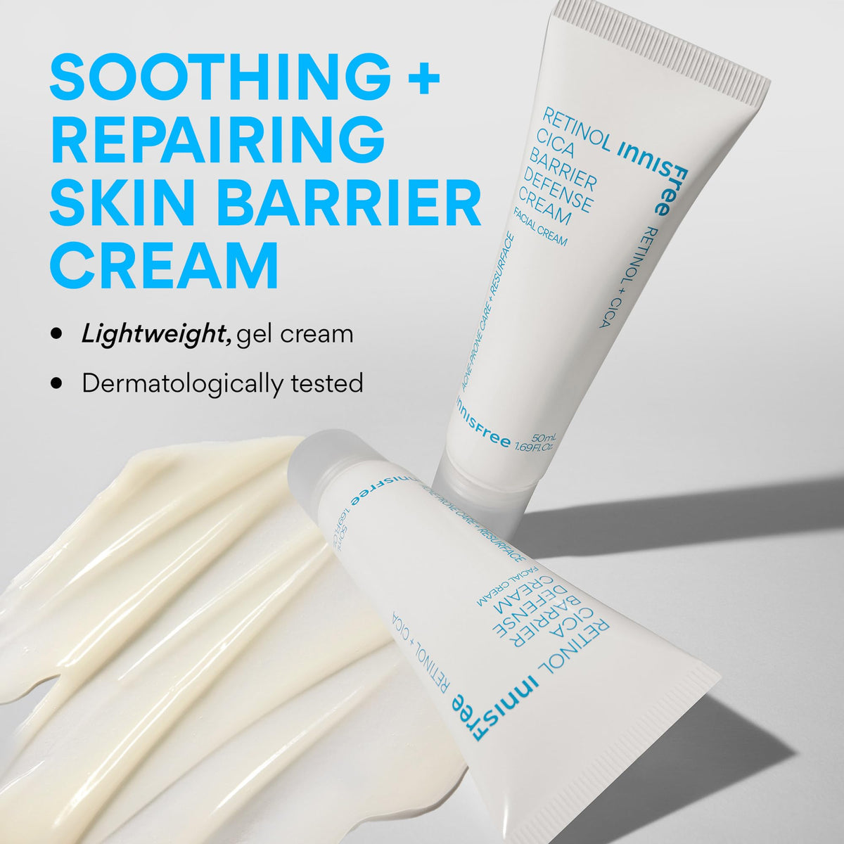 Innisfree Retinol Cica Barrier Cream texture swirl highlights the lightweight, water-based formula.