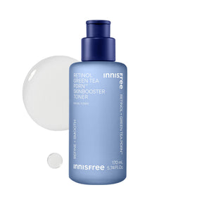 innisfree Retinol Green Tea PDRN Toner bottle on white background for glass skin prep