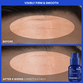 Innisfree Serum application on face and neck emphasizes firmer, hydrated skin.