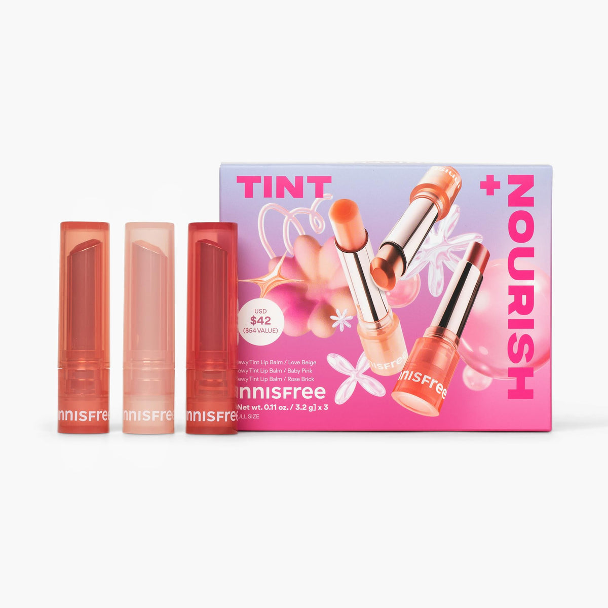 Innisfree Tint Nourish Dewy Tint Lip Balm Trio packshot for natural color and hydration
