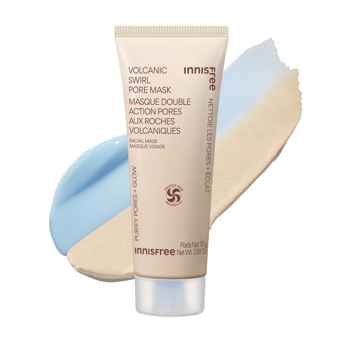 Innisfree Volcanic Swirl Pore Mask dual-chamber swirl shows exfoliating clay refining pores.