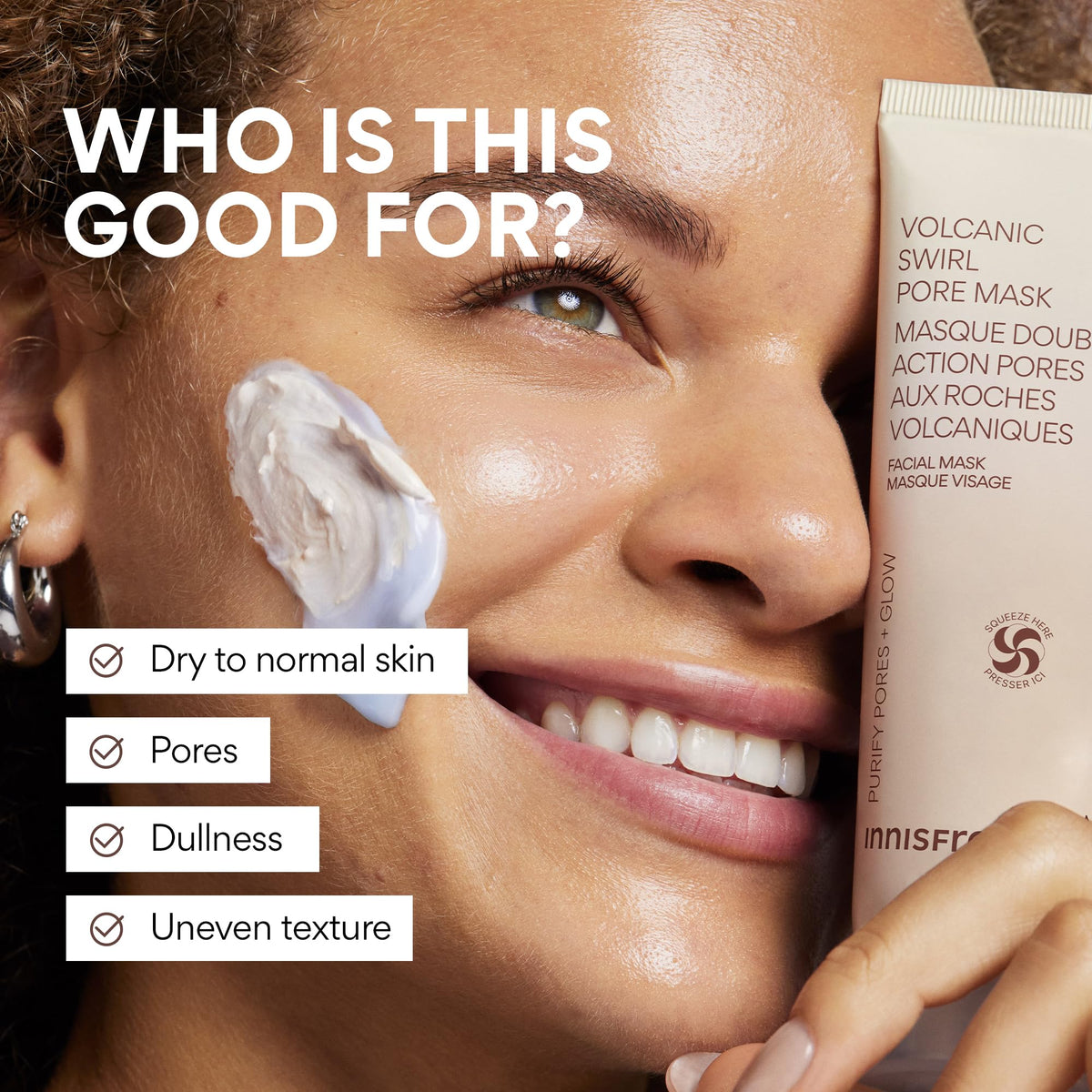 Innisfree Volcanic Swirl Pore Mask mask-on-face moment; gentle cleansing.