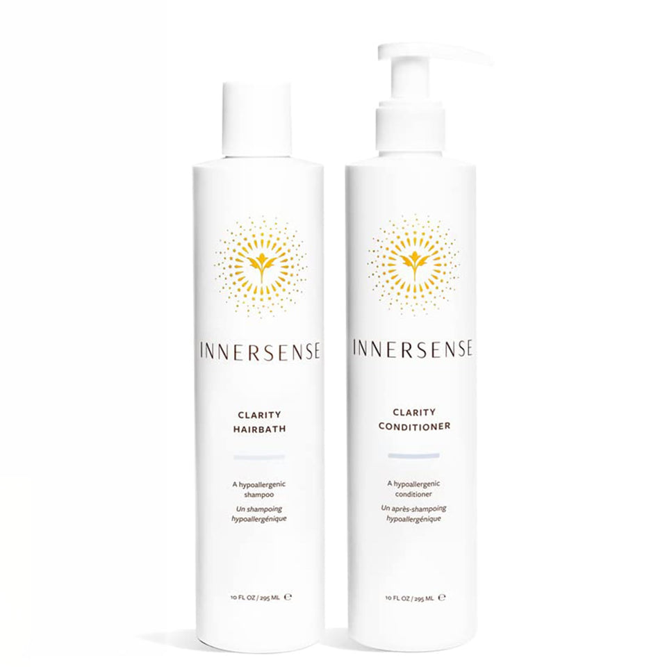 INNERSENSE hairbath bottle close-up highlighting fragrance-free formula for sensitive scalps.
