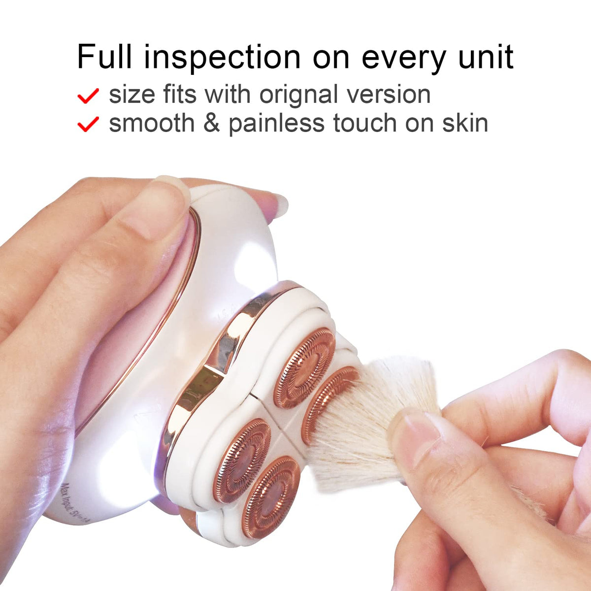 innobeaut legs-shaver replacement heads pack shows bundle including replacement heads and cleaning brush.