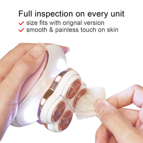 innobeaut legs-shaver replacement heads pack shows bundle including replacement heads and cleaning brush.
