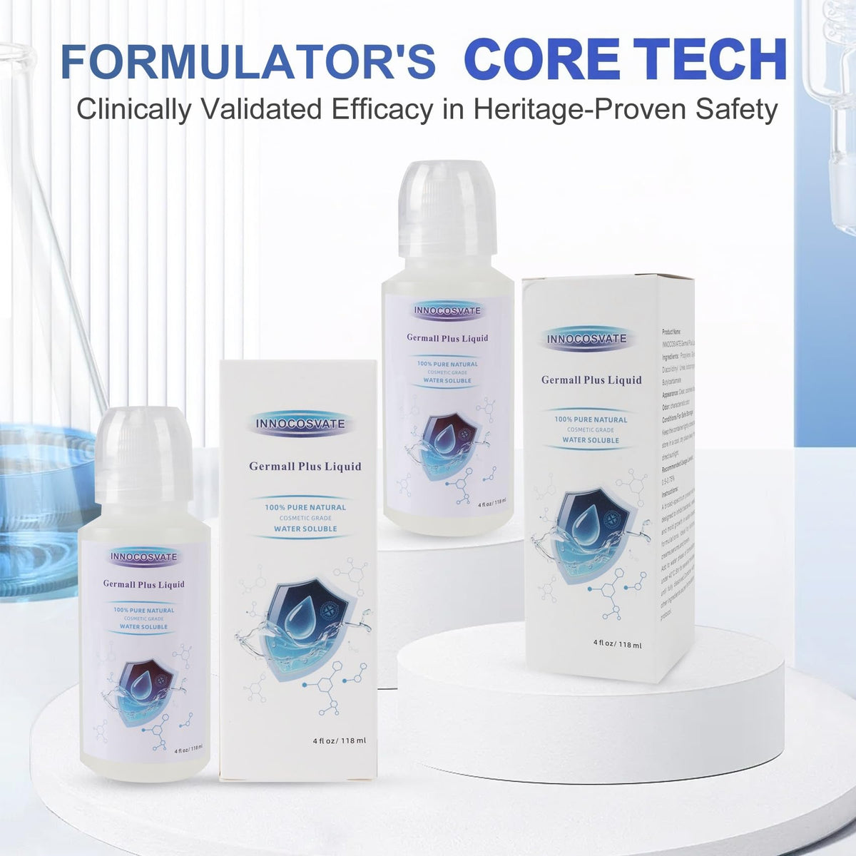 INNOCOSVATE Germall Plus application guide image showing easy dosing for DIY cosmetics.