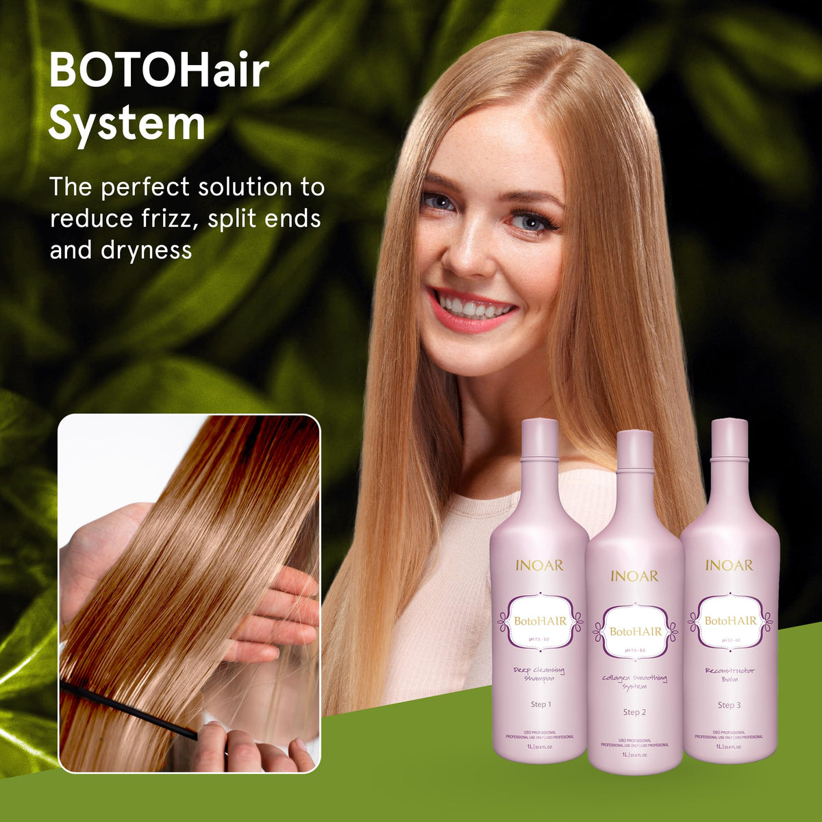 INOAR BotoHair keratin smoothing treatment close-up showing smoothing action and keratin infusion.