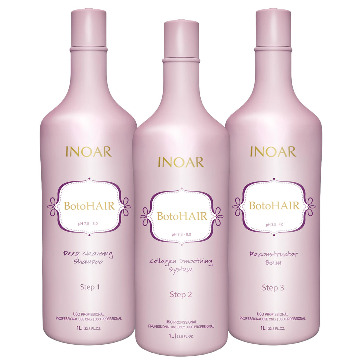 INOAR BotoHair collagen smoothing shampoo bottle for purifying hair and prepping for treatment.