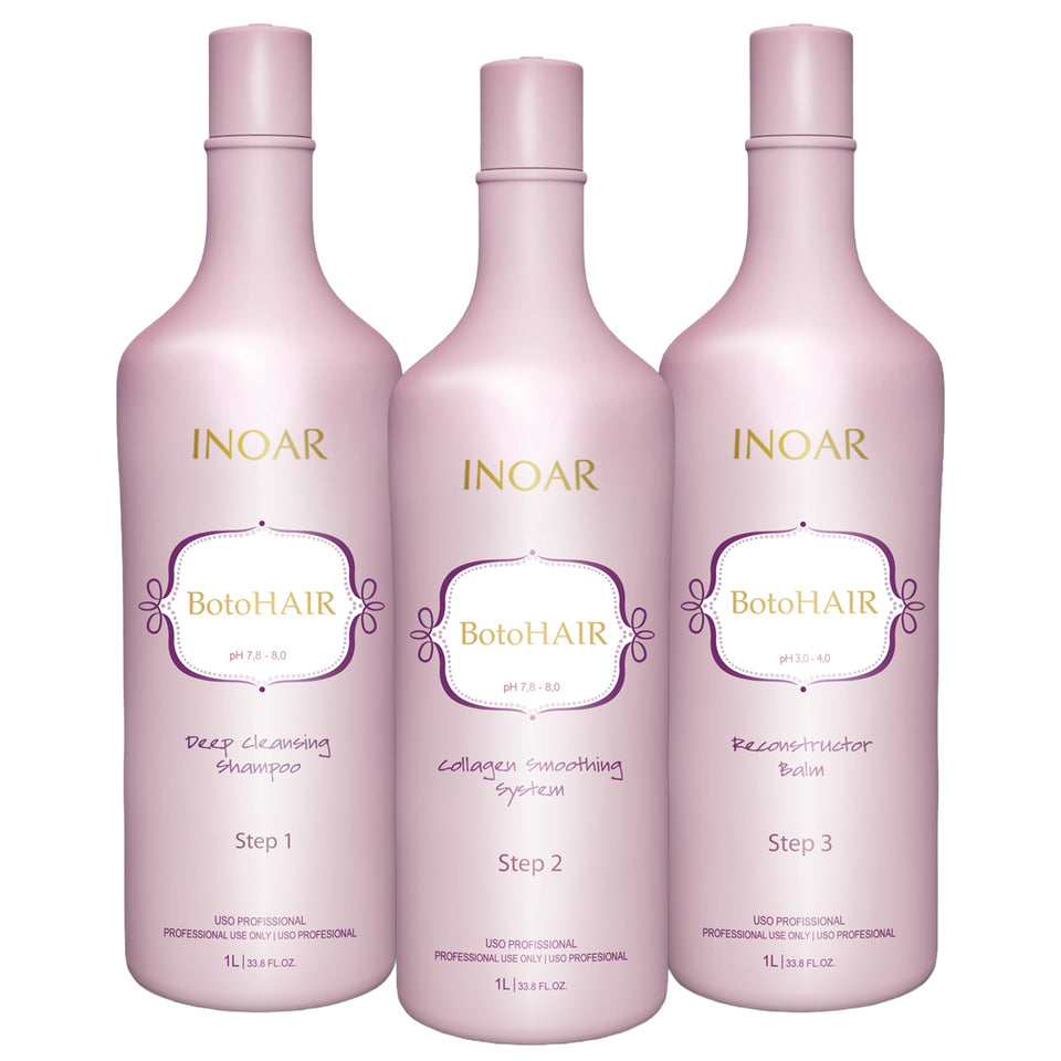 INOAR BotoHair collagen smoothing shampoo bottle for purifying hair and prepping for treatment.