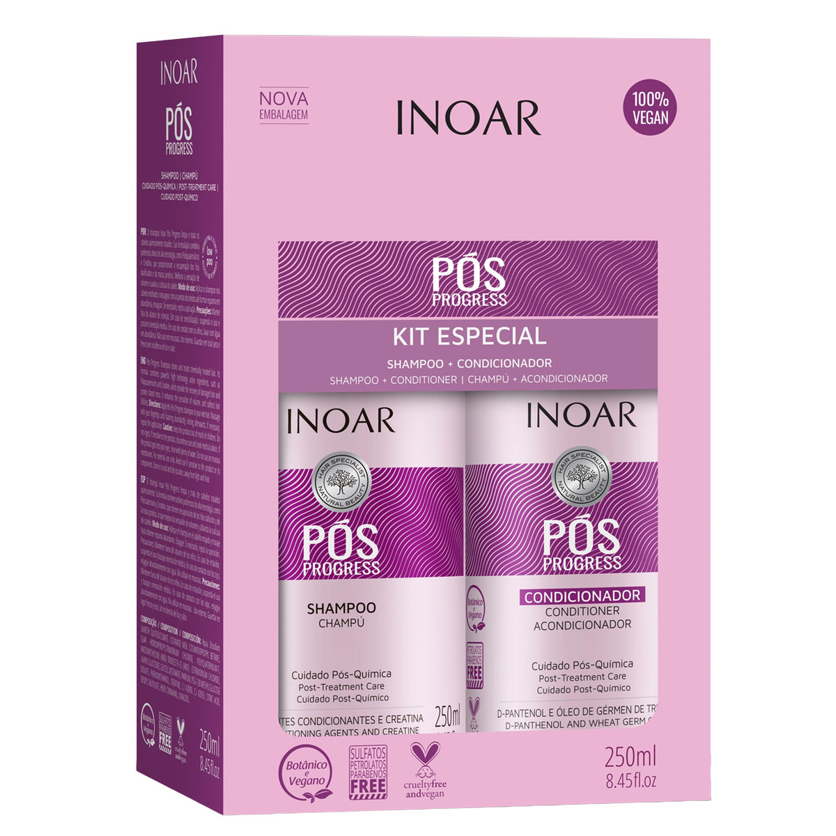 INOAR Pos Progress Duo Kit shampoo bottle front, silky hair after cleanse.
