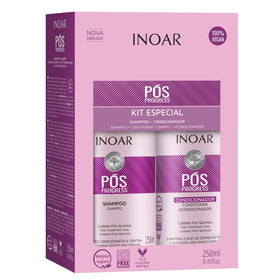 INOAR Pos Progress Duo Kit shampoo bottle front, silky hair after cleanse.
