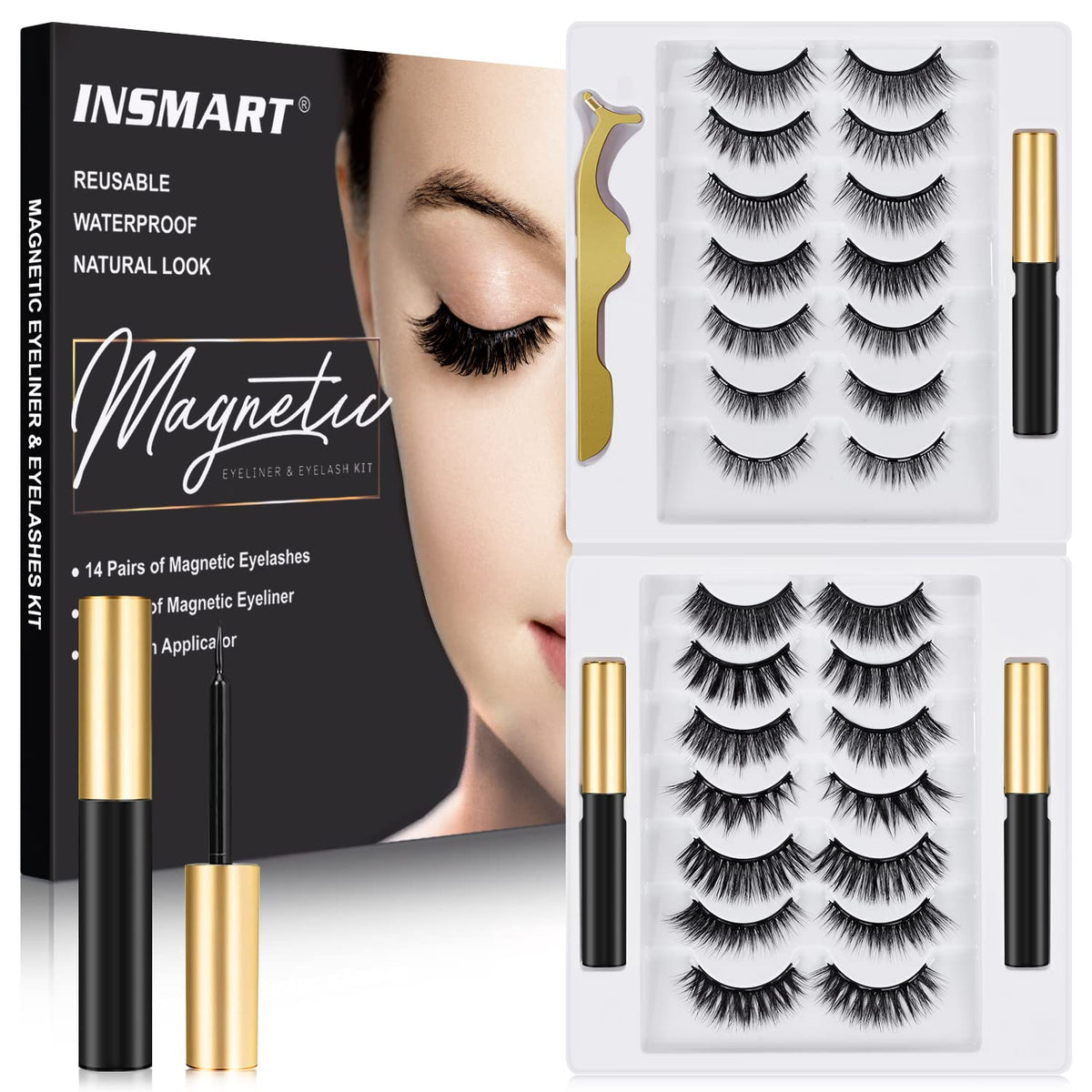 INSMART magnetic eyelashes design with ultra-soft fibers and strong magnets for comfortable wear.