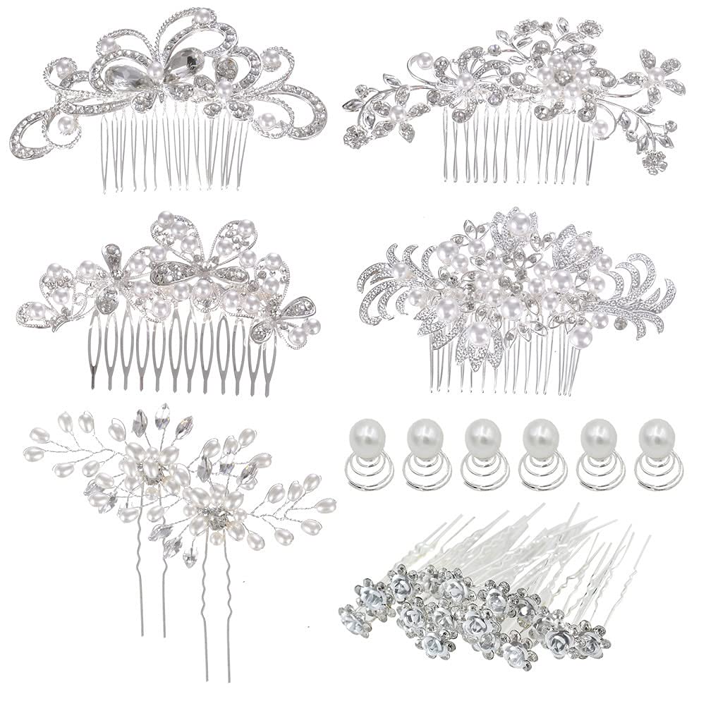 inSowni 32-pack silver wedding hair combs with crystal and pearl detailing for bridal styling