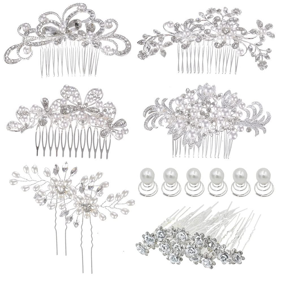 inSowni 32-pack silver wedding hair combs with crystal and pearl detailing for bridal styling