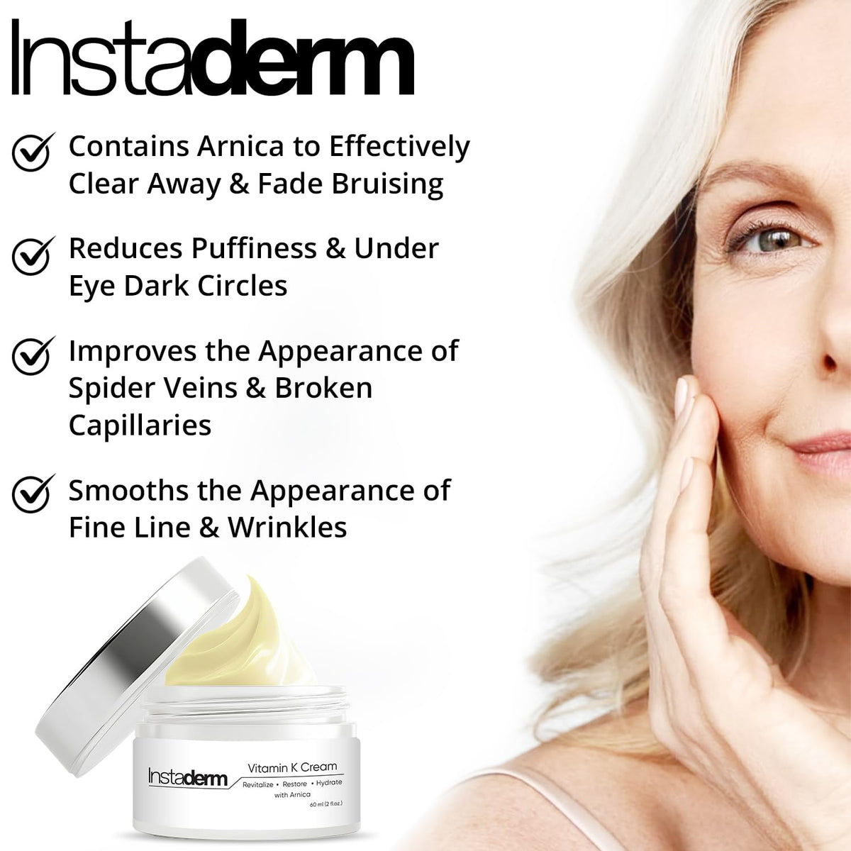 Instaderm Vitamin K Cream Arnica tube, ready for daily use.