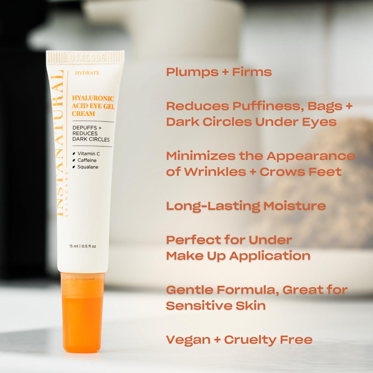 InstaNatural Hyaluronic Eye Gel Cream application demonstrates fast absorption for a refreshed look