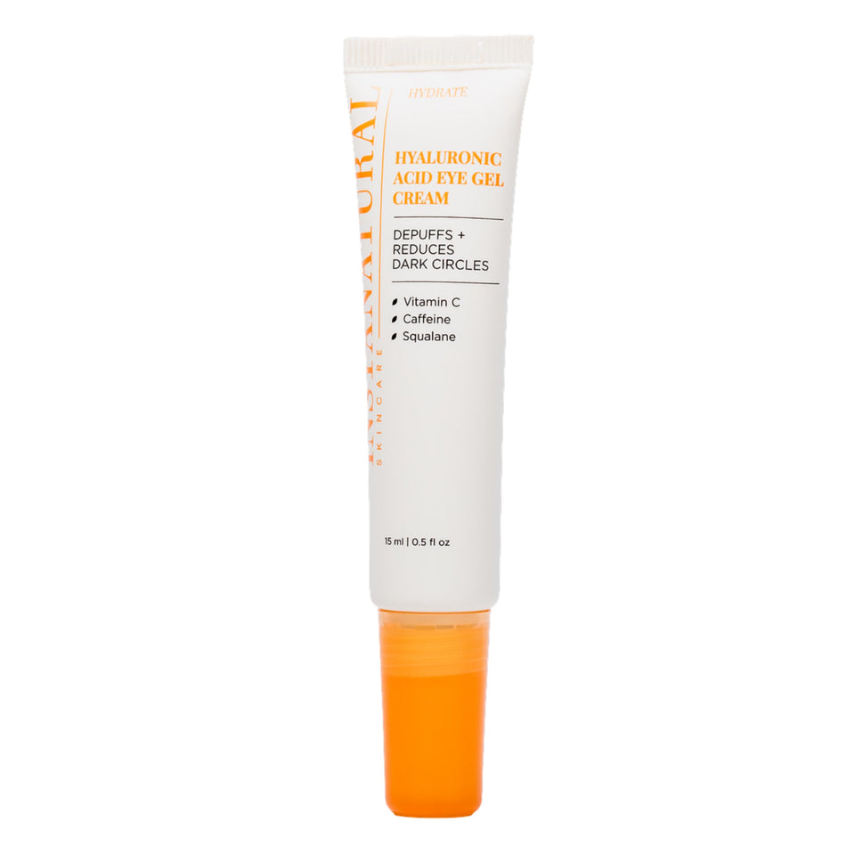 InstaNatural Hyaluronic Eye Gel Cream bottle showing hydrating formula for bright under-eye skin