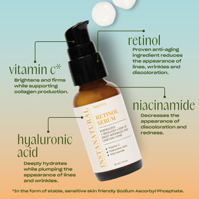 InstaNatural Retinol Serum ingredients include niacinamide and vitamin C to improve tone and texture.
