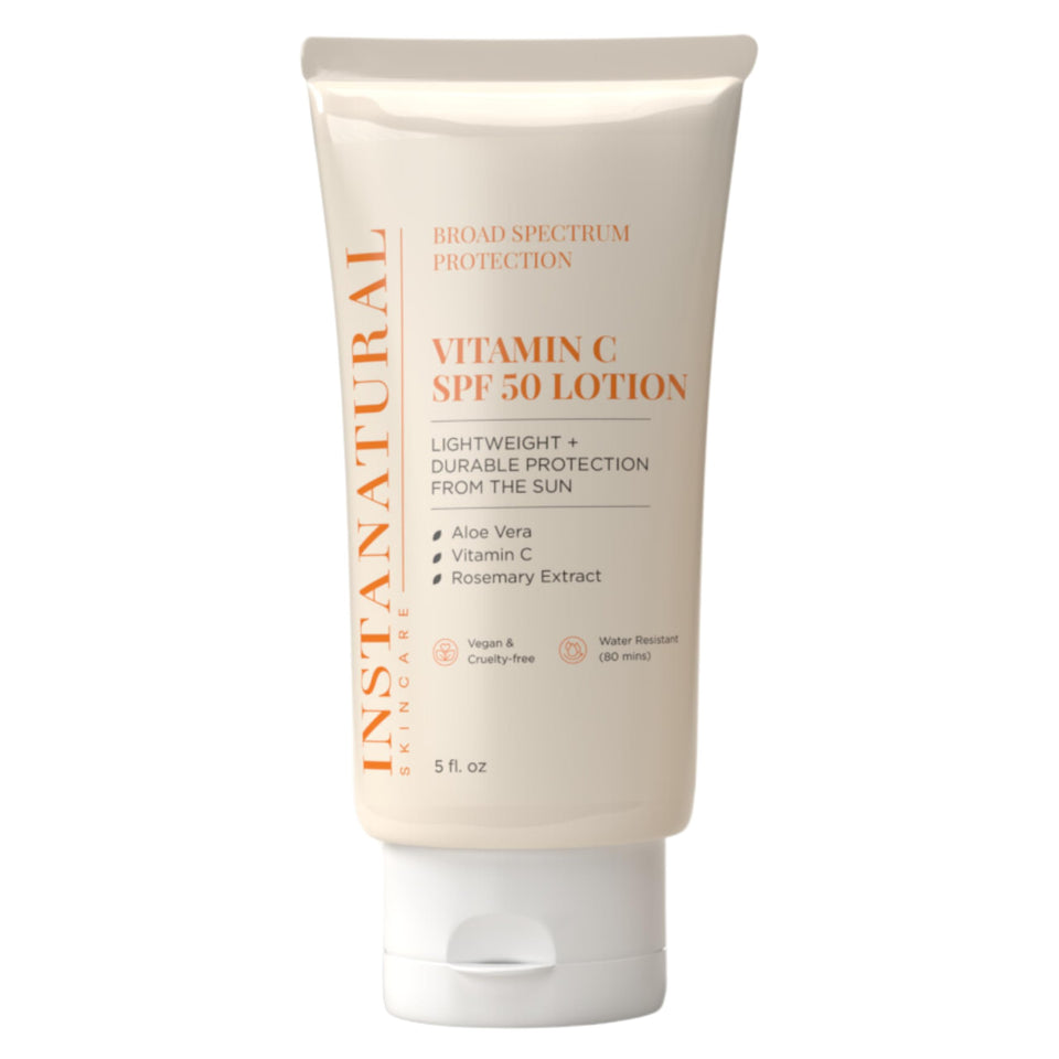 InstaNatural Vitamin C SPF50 sunscreen lotion bottle for easy full-body sun protection
