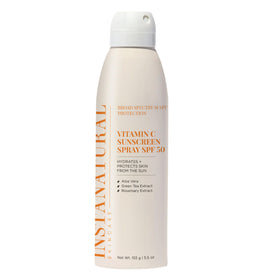 InstaNatural vitamin C SPF50 spray bottle ready for full-body sun protection.