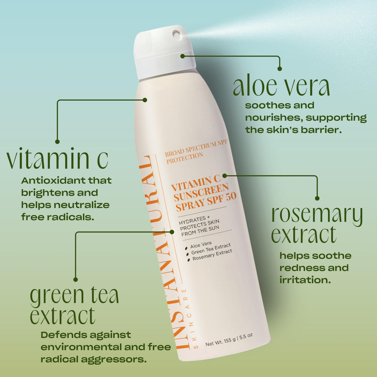 InstaNatural spray-on sunscreen applied to skin for a clear, sheer finish.
