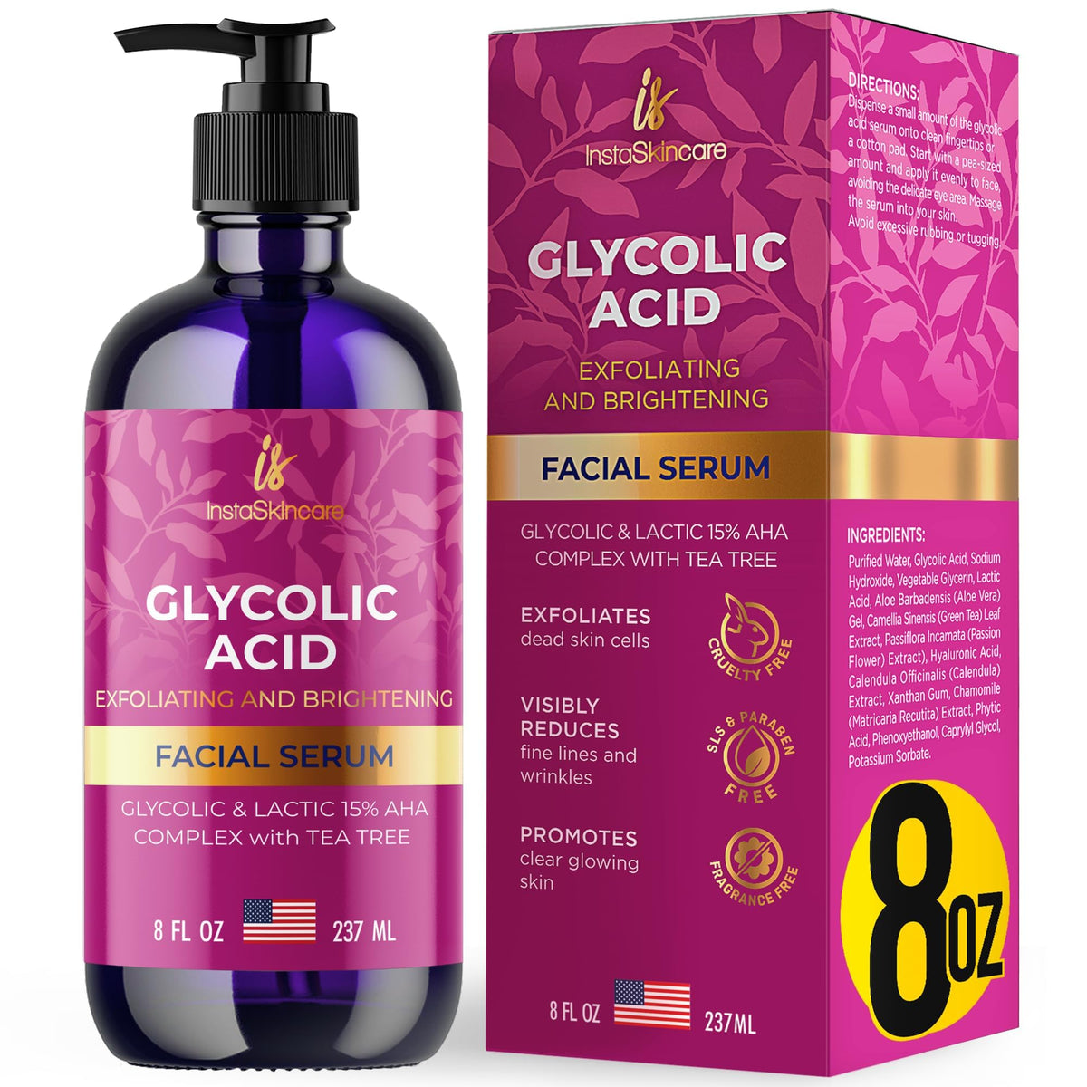 Instaskincare Glycolic Acid Serum 8oz bottle promoting radiant skin.