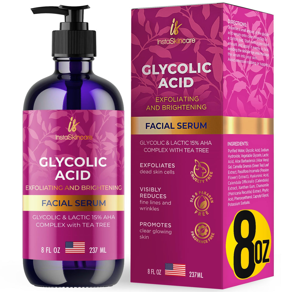 Instaskincare Glycolic Acid Serum 8oz bottle promoting radiant skin.