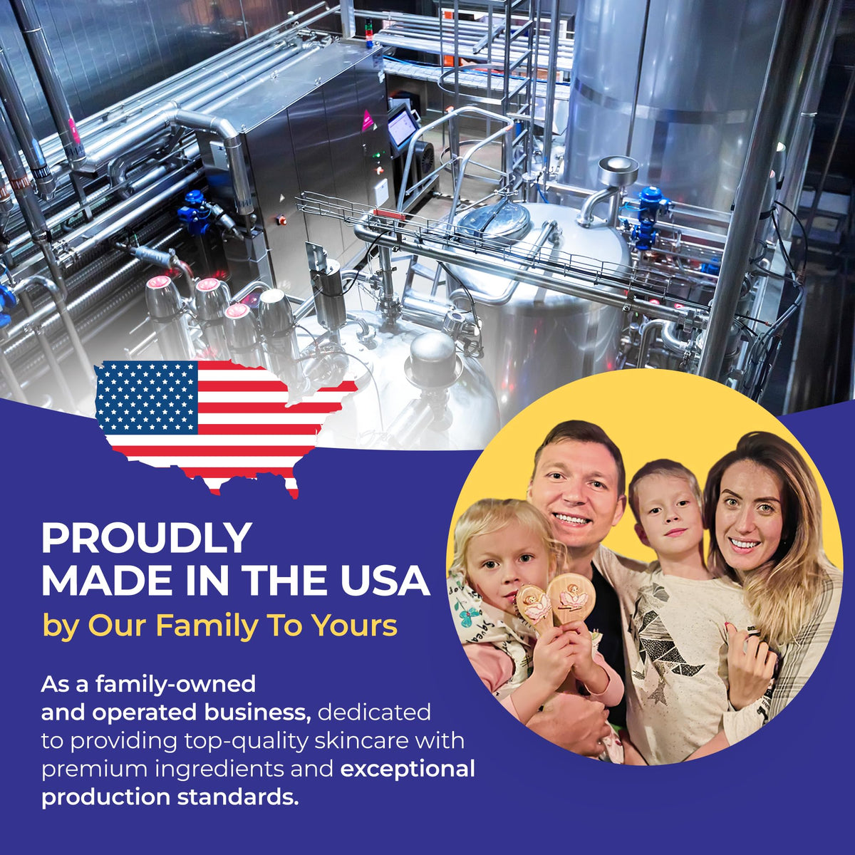 USA-made badge signals family-owned skincare craftsmanship.