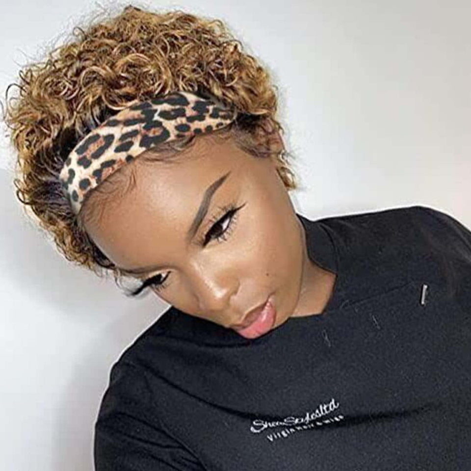INSTASTYLE headband wig curly pixie 6-inch in T27 color, quick daily styling