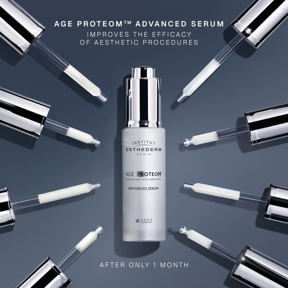 INSTITUT ESTHEDERM AGE PROTEOM ADVANCED SERUM face-application centers care on cheeks, forehead, and jawline.